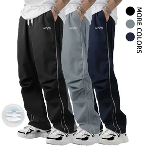 Men's Summer Casual Straight Loose Long Pants, 100% Polyester Lightweight Woven Non-Stretch Fabric with Side Stripes Outdoor Casual Trousers#SummerVibes