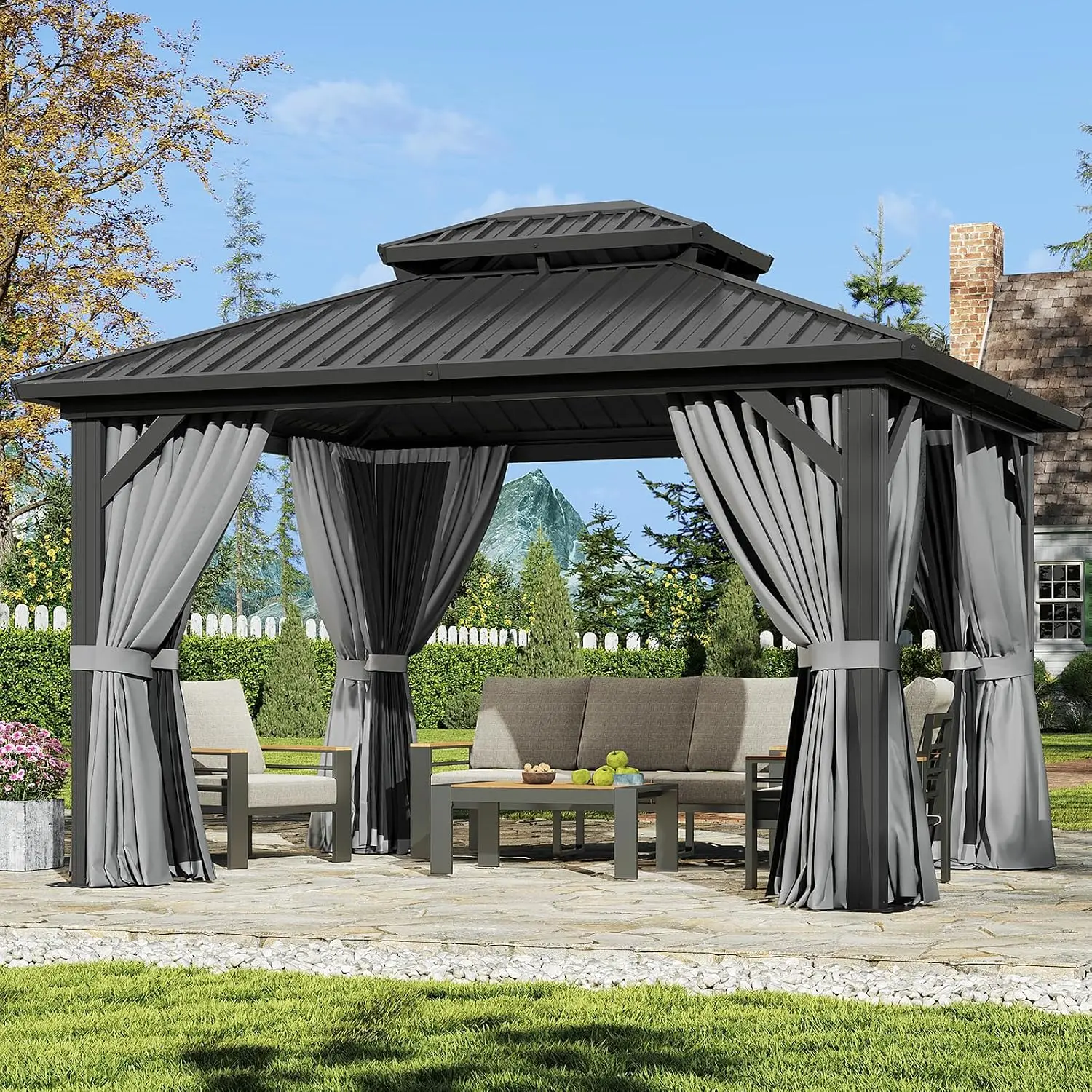 Aoxun Hardtop Gazebo, Metal Frame PermanentPavilion with Curtains and Netting, Outdoor GalvanizedDouble Roof Canopy, Designed for Garden, Lawns, Patio