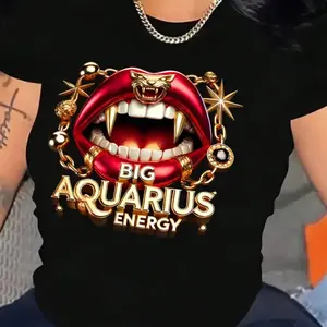 Women's 100% Cotton Fitted Round Neck Short-Sleeve Tshirt - Aquarius Zodiac Graphic Print Top, Casual Summer Streetwear, Machine Washable, Shortsleeve