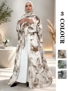 [Includes Hijab] Abaya Hijab Set Women's Modesty Muslim Clothing Artistic Ink Print Batwing Sleeve Long Robe Coat Set, Loose-Fitting Vacation Style Outerwear with Pockets, All Season Wear