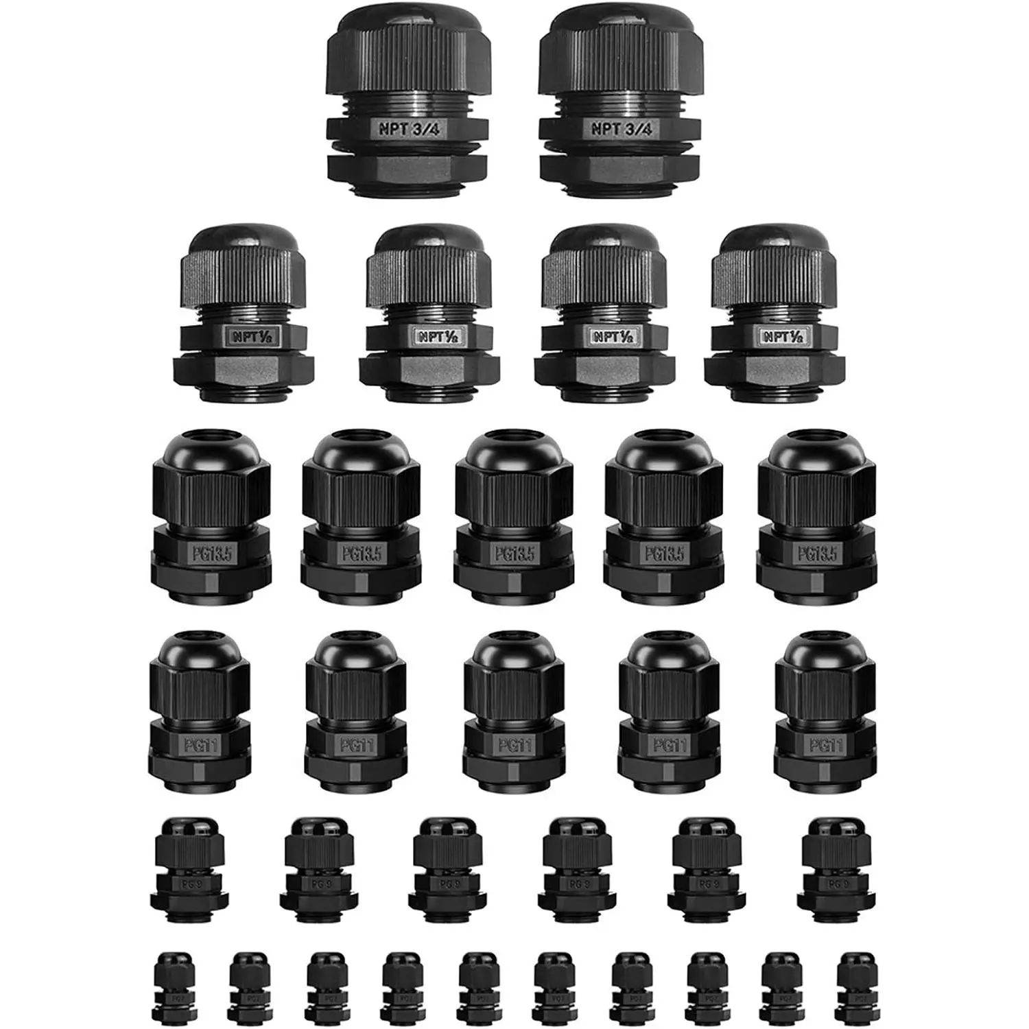 Plastic Nylon PA66 Cable Glands (32pcs, Black, IP68 Waterproof) with Gaskets - NPT 3/4, NPT 1/2, PG13.5, PG11, PG9, PG7 - 3-18mm Range, Easy Installation, Junction Box Bulkhead Mounting, Cable Sealing
