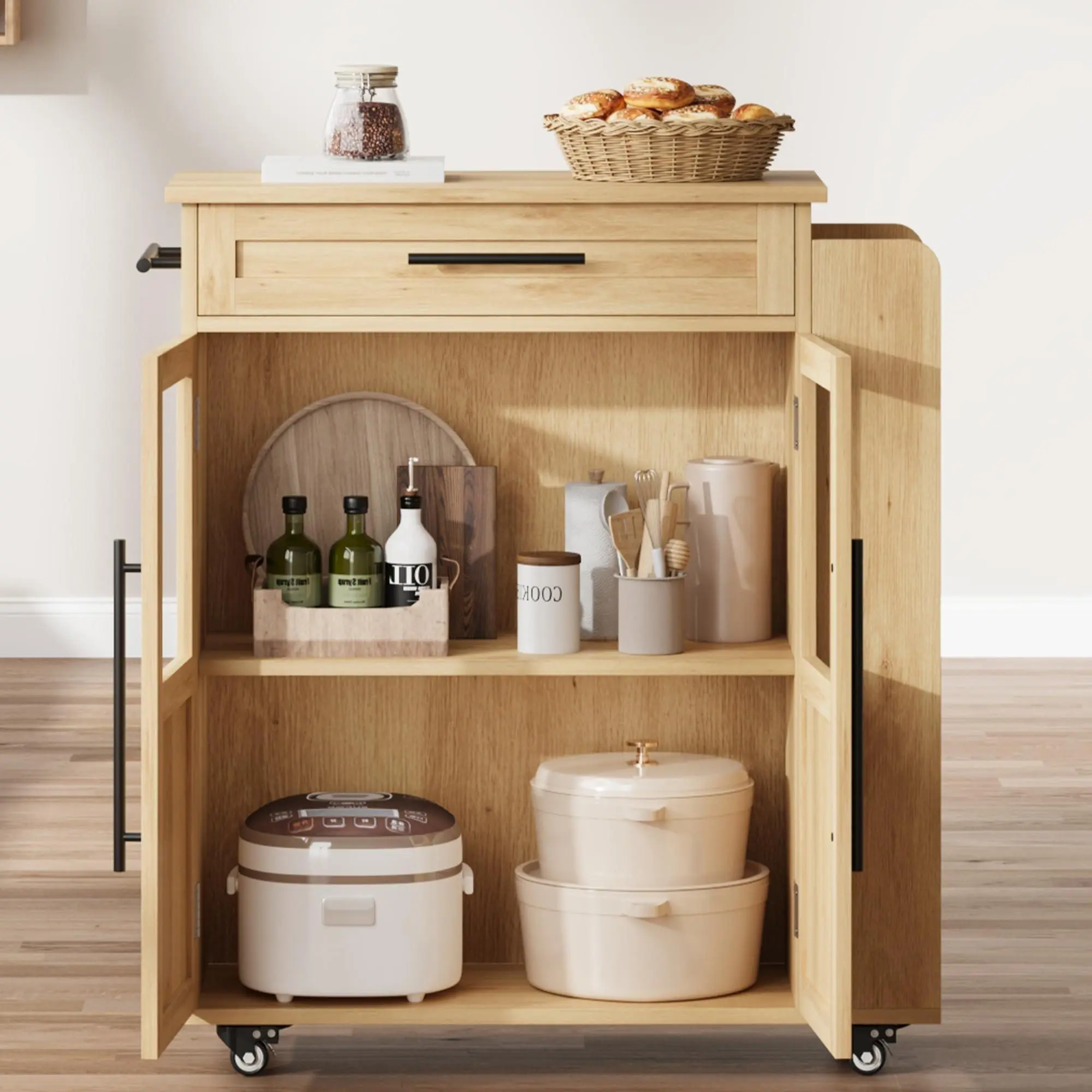 Multi-Functional Kitchen Island Cart - Mobile Storage Cabinet with Stainless Steel Top, Drawer, Spice Rack & Towel Bar - Rolling Entryway Organizer for Small Spaces, Natural Wood Color