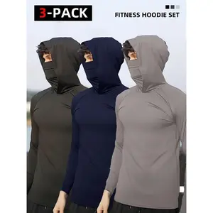 3-Pack Men Sun-Proof Hoodie with Mask-Lightweight High Elastic Compression Sportswear for Running and Fitness casual pullover hoodies Menswear Sweatshirts Tops Operator Wetsuit Beige