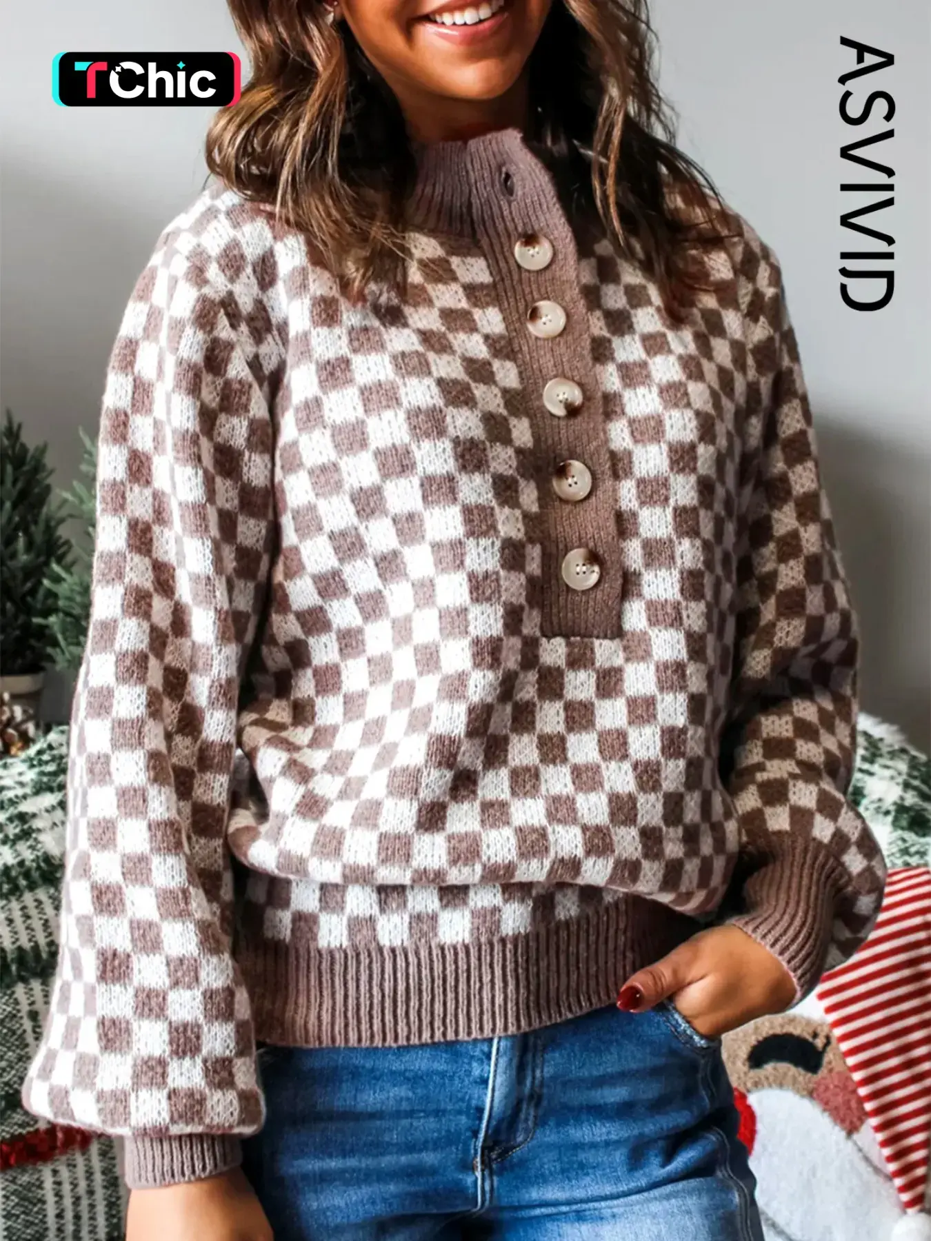 Women's Casual Half Button Ribbed Trim Checkerboard Sweater Pullover, Long Sleeve, Fall & Winter Fashion