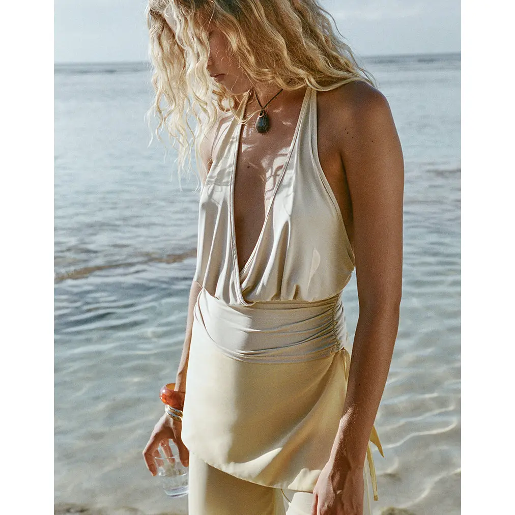 MOTEL Sherlyn Halter Top in Cupro Oatmilk, Fabric, Cowl, Backless, Straps