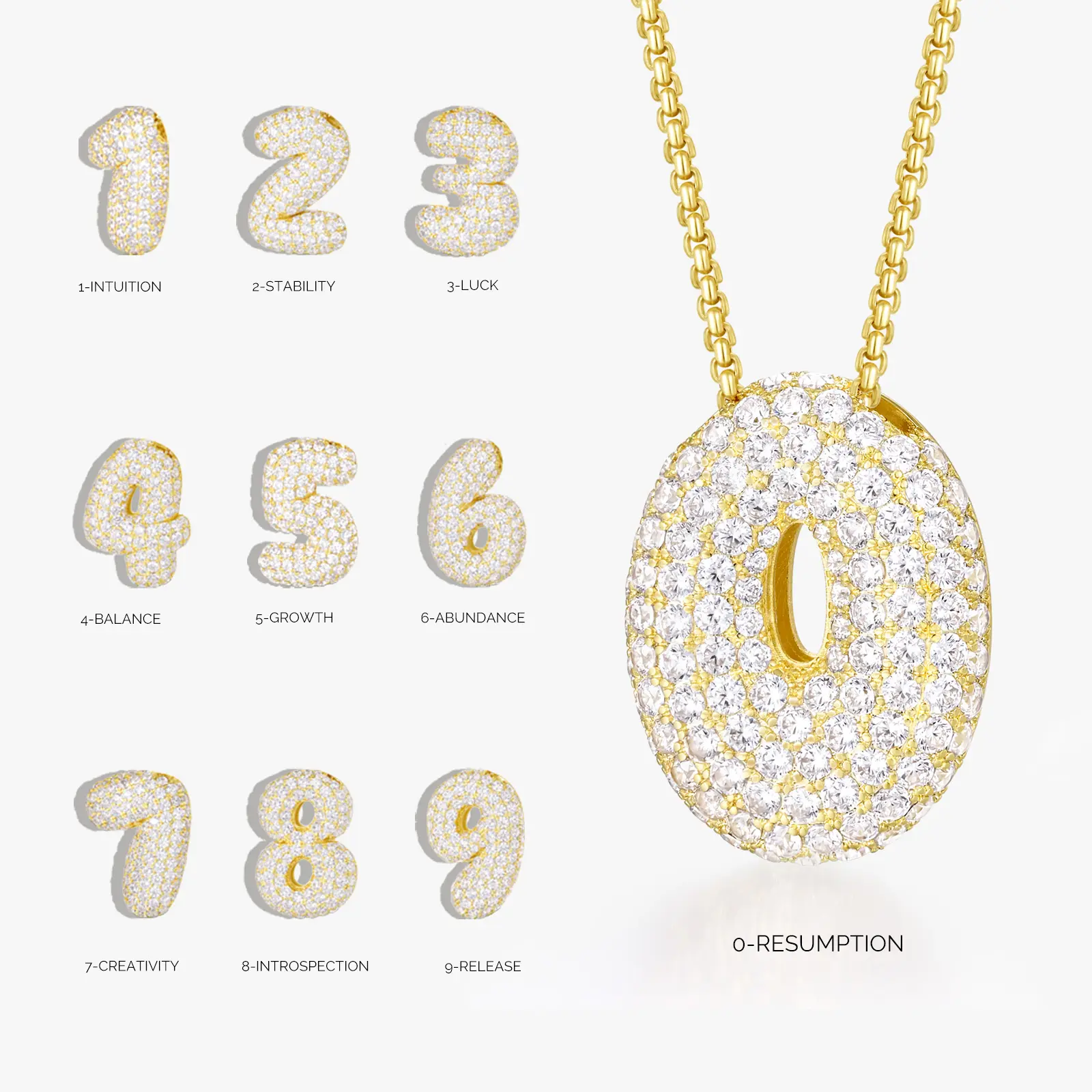 KissYan Bubble Number Necklace, 14K Gold Plated Cubic Zirconia 0-9 Charms Pendant Box Chain Necklace Inspiration Numerology Jewelry for Women Men