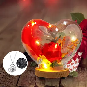 Preserved Flower Rose With I LOVE YOU In 100 Language Necklace, Valentines Day Gift Mothers Day Gift For Her, Handmade Glass Cover  Preserved Flowers Bouquet With LED Light Birthday Gift For Wife Girl Friend Mom Daugher