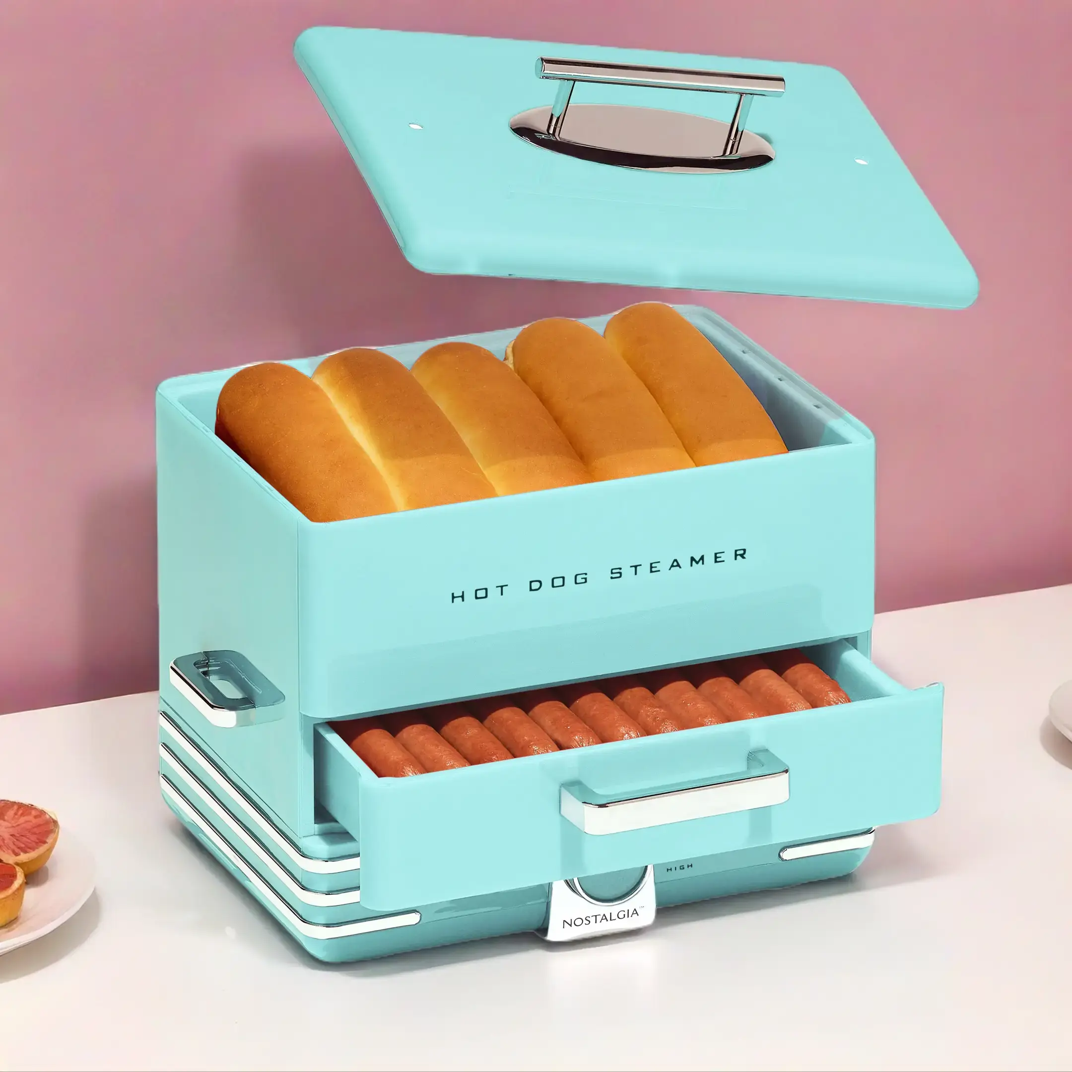 Large Diner-Style Hot Dog Steamer with Cooking Dial and Bun Warmer, Capacity for 20 Hot Dogs and 6 Buns, Aqua Color