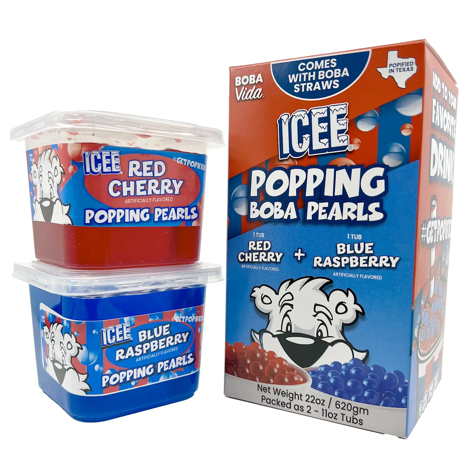 ICEE by BobaVida Blue Raspberry & Cherry Popping Boba Pearls Variety Pack | ICEE-Inspired Flavor | Popping Boba For Drink & Desserts | Includes Straws
