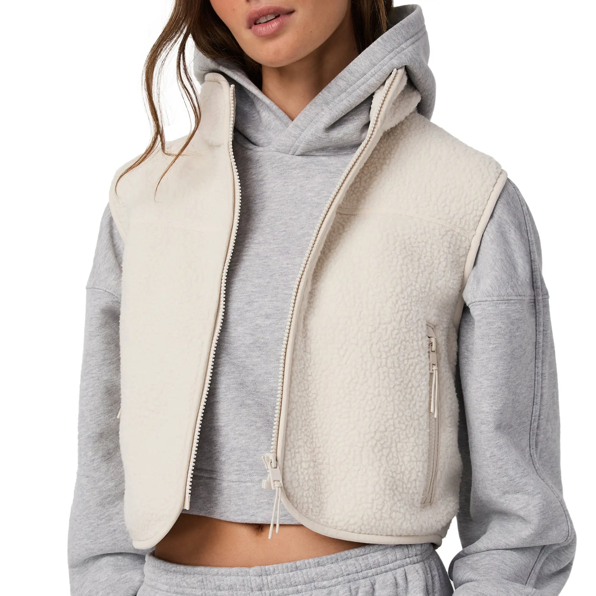 Songling  Short Fleece Vest Women Zip-Up Stand Collar Snow Leopard Vest Cute Sleeveless Fleece Vest with Pockets for Fall Cropped Fabric Womenswear Tops  Casual Winter Beige Basic