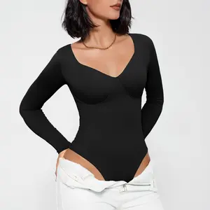 Avidlove Bodysuit for Women Long Sleeve Double Lined Tank Top V Neck Bodysuit Tummy Control Shapewear