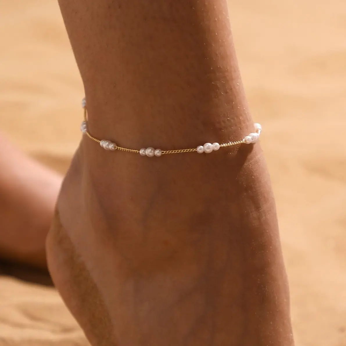 Dainty Stackable Pearl Anklet for Women, 14K Gold Plated Waterproof Tarnish Free Hypoallergenic Summer Beach Foot Jewelry Suit for Pool Parties