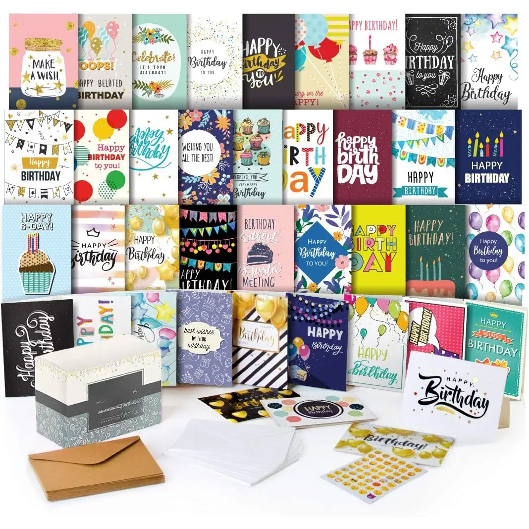 Happy Birthday Cards Assortment 5x7-60 Bulk Bday Cards with Envelopes,  Designs - Greeting Message Inside - Assorted Variety Box Set Pack - Birthday Card for Men Women  Employees Office