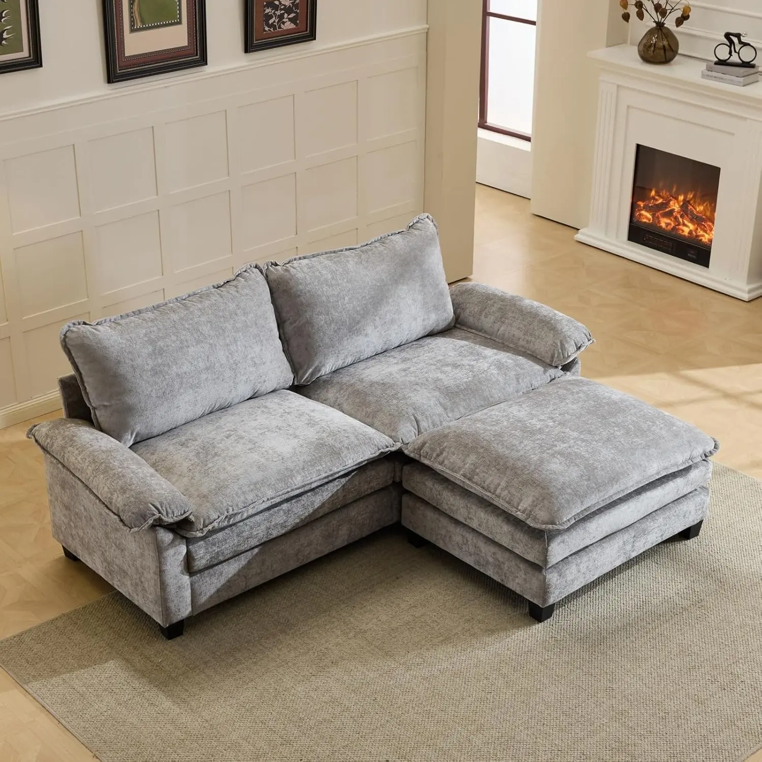 VINGLI Plush L-Shaped Sectional Sofa with Removable Cover, 87/112in Dual-Layer 2-Seat Cloud Couch with 1 Ottoman, 34.65” Seat Width Sturdy Nylon Cloth Indoor Living Room Furniture for Small Spaces