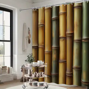 1pc Bamboo Shower Curtain - Golden Yellow Green Brown Earth Tones, Natural Elegant Bathroom Restroom Decor with 12 Hooks, 70.8x70.8 Inches, Machine Washable Polyester, Fashionable Simple Design, Texture, High-Quality & Easy to Clean