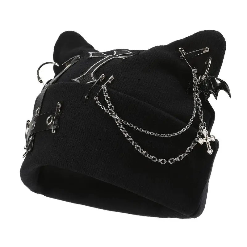 Women's Gothic Cat Ear Knit Beanie with Punk Chain & Bat Charm, Adjustable Winter Streetwear Accessory, Fits 21.2-22.8in, Gothic Style, Engagement, Punk Accessories, Anniversary, Chain Embellishment Hats, Birthday, Casual, Daily, Everyday, Female, Machine