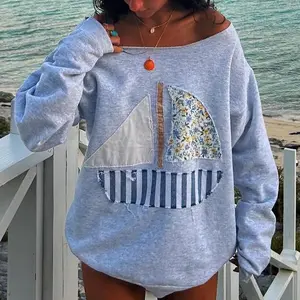 Vintage graphic oversized crewneck sweatshirt for women with floral sardine print pullover fall top
