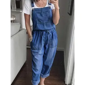 Plus Size Casual Denim Overalls for Tall Women, Comfortable Cotton Blend with Drawstring Waist, Solid Vintage Wash, Elegant Sleeveless Loose-Fit with Strappy Back, Non-Stretch Woven Fabric - All Season Wear Suits Womenswear