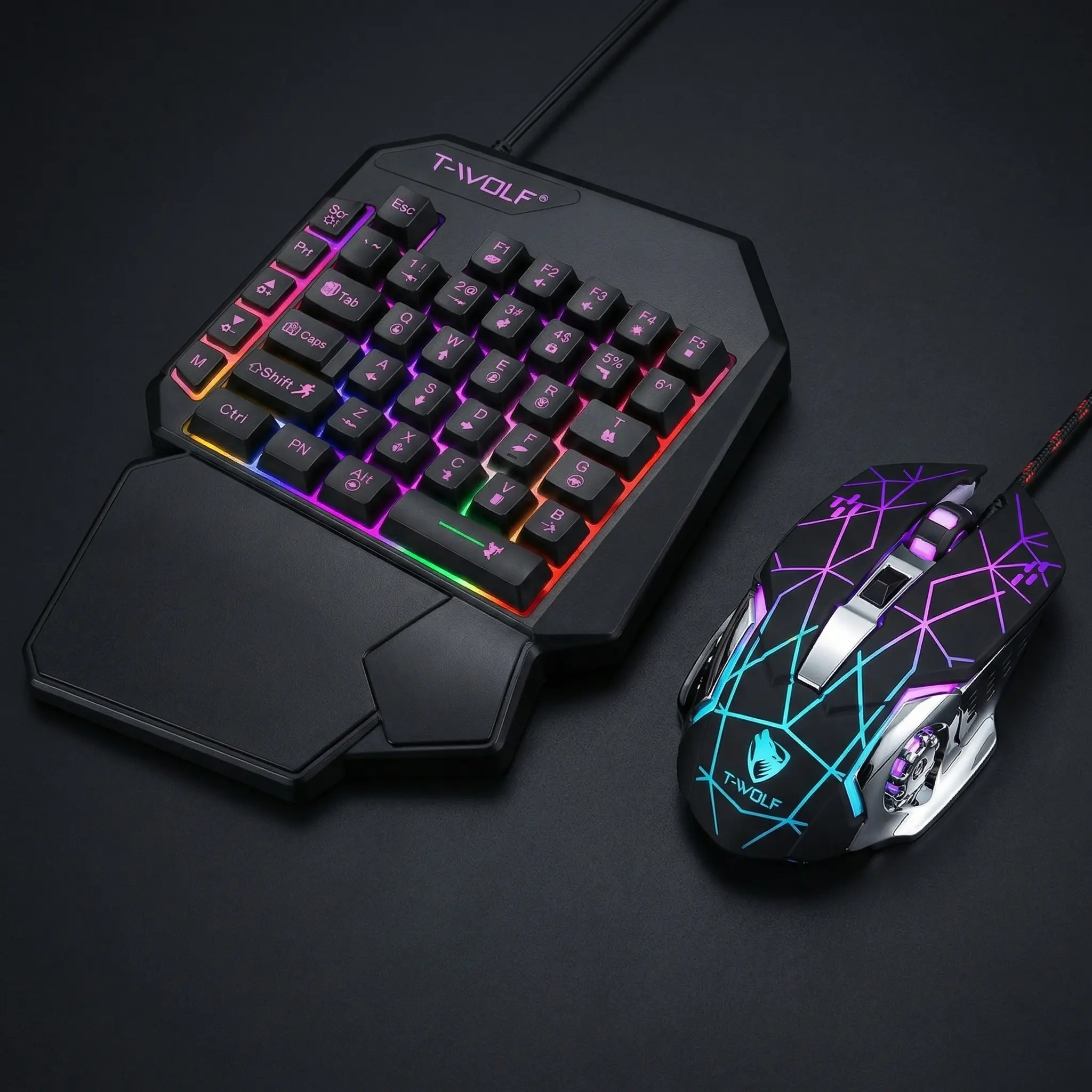 Single-Handed Gaming Keyboard and Mouse Set, PC Gaming Accessories - Compact 40-Key Mechanical Feel Keypad with Rainbow Backlighting & Ergonomic Wrist Rest, 6-Key Programmable DPI Adjustable Gamer Mouse (3200DPI) for PC, Laptop, FPS Games, Compact Gaming