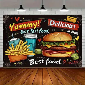 1pc Summervibes Modern Farmhouse Fast Food Decorative Banner - Vibrant Burger & Fries Design, Amber Glow Polyester Wall Decor, Durable Playful Home & Birthday Celebration Festive Supplies