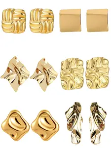 6 Pairs Statement Chunky Stud Earrings for Women, High Quality Earrings, Geometric Design, Irregular Hammered Finish, Stylish Jewelry Set
