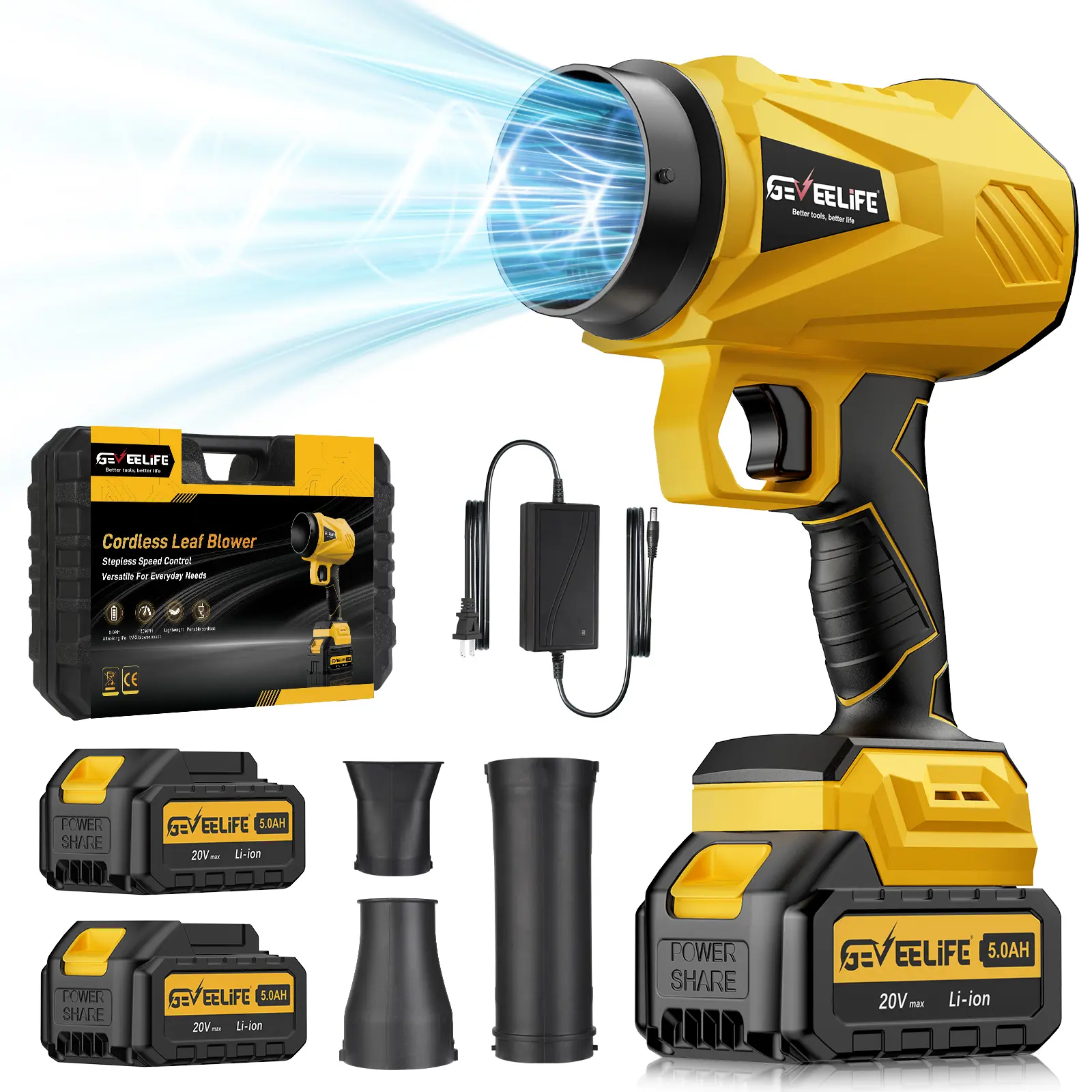 GEVEELIFE Turbo Jet Blower Cordless Leaf Blower | 3 Nozzles + 2 Batteries | Super Powerful Airflow for Home & Garden/New year Gift,Gift ideas for Dad,【FathersDayGift】