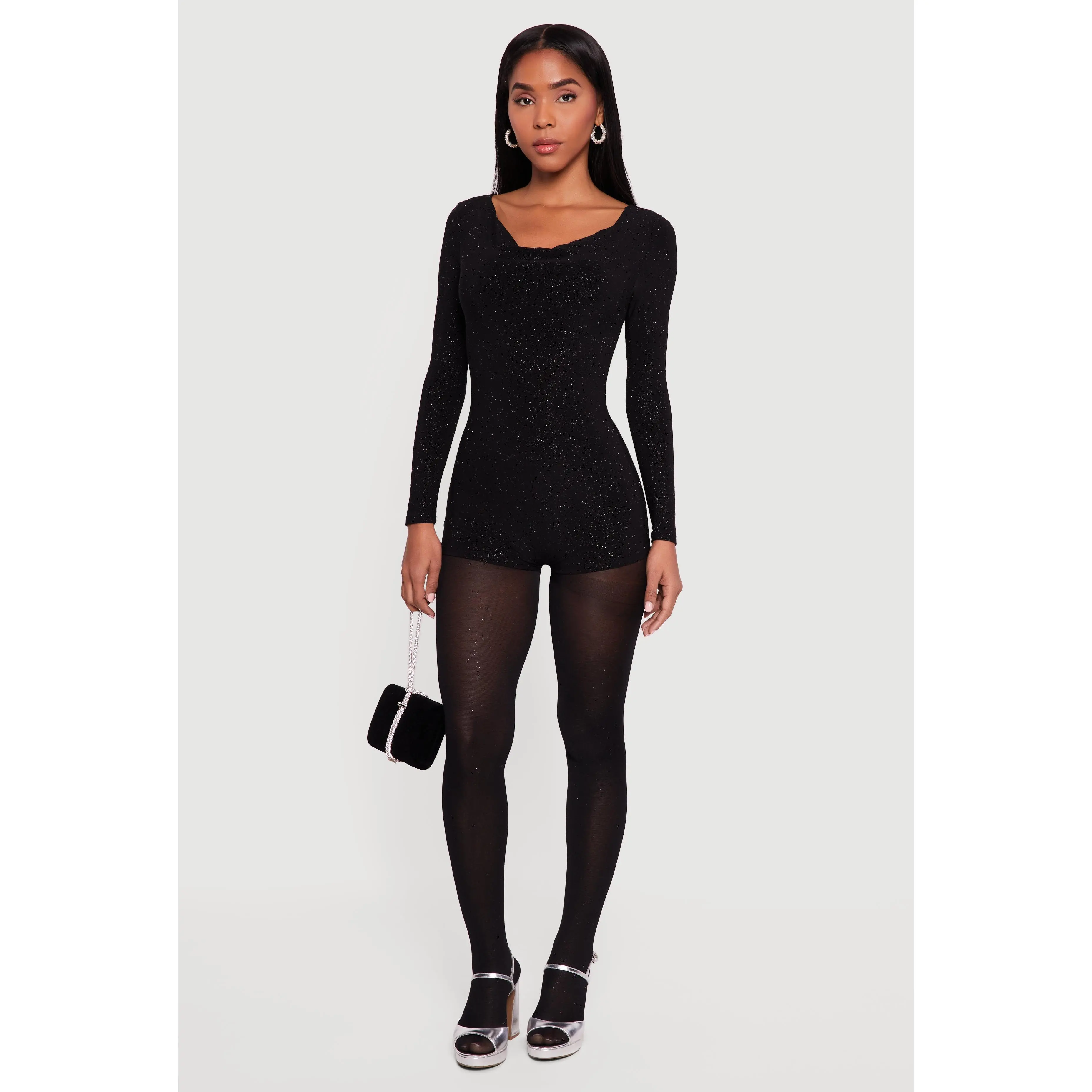 Glittery Long Sleeve Cowl Neck Romper