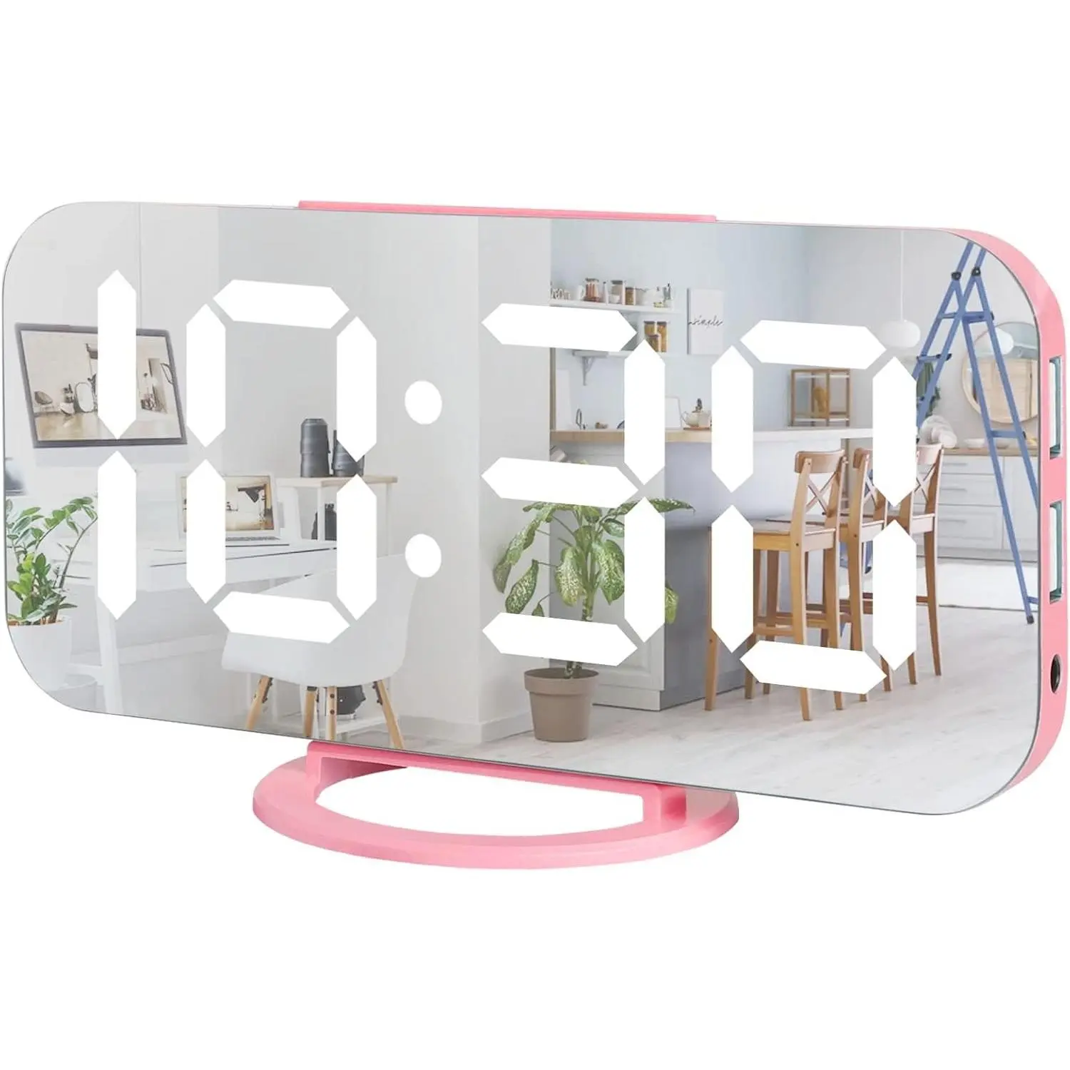 Pink Digital Alarm Clock for Girls, Large LED Mirror Desk Clock, 2 USB Charging Ports, Nightstand Table Aesthetic Sleek Clocks Decor for Bedroom Office, Pink