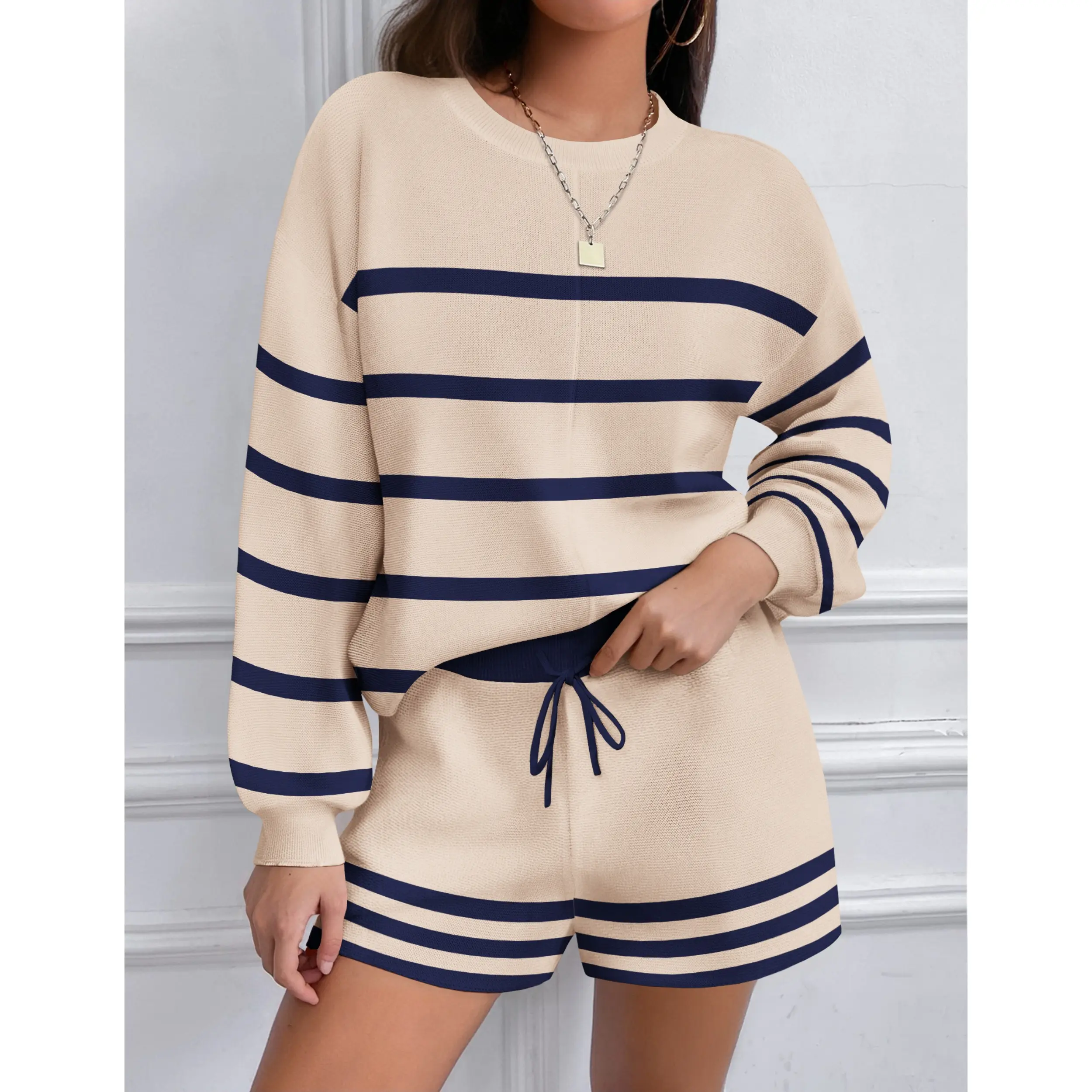 Ekouaer Womens 2 Piece Knit Sweatsuit Long Sleeve Tops and Shorts Pajamas Fashion Outfits Casual Lounge Set with Pockets
