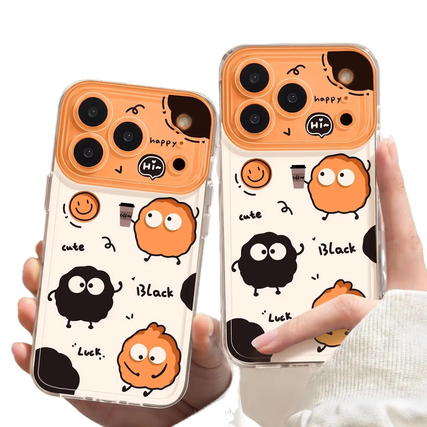 Cute Coffee Coal Ball Phone Case with Lanyard, Cartoon Couple Protective Cover Compatible with iPhone 13/14/15/16 Pro Max/17