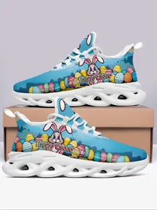 Women's Easter Egg & Rabbit Print Lace Up Sneakers, Casual Comfortable Sporty Fashionable Running Shoes, Female All-match Round Toe Shoes for Daily Wear