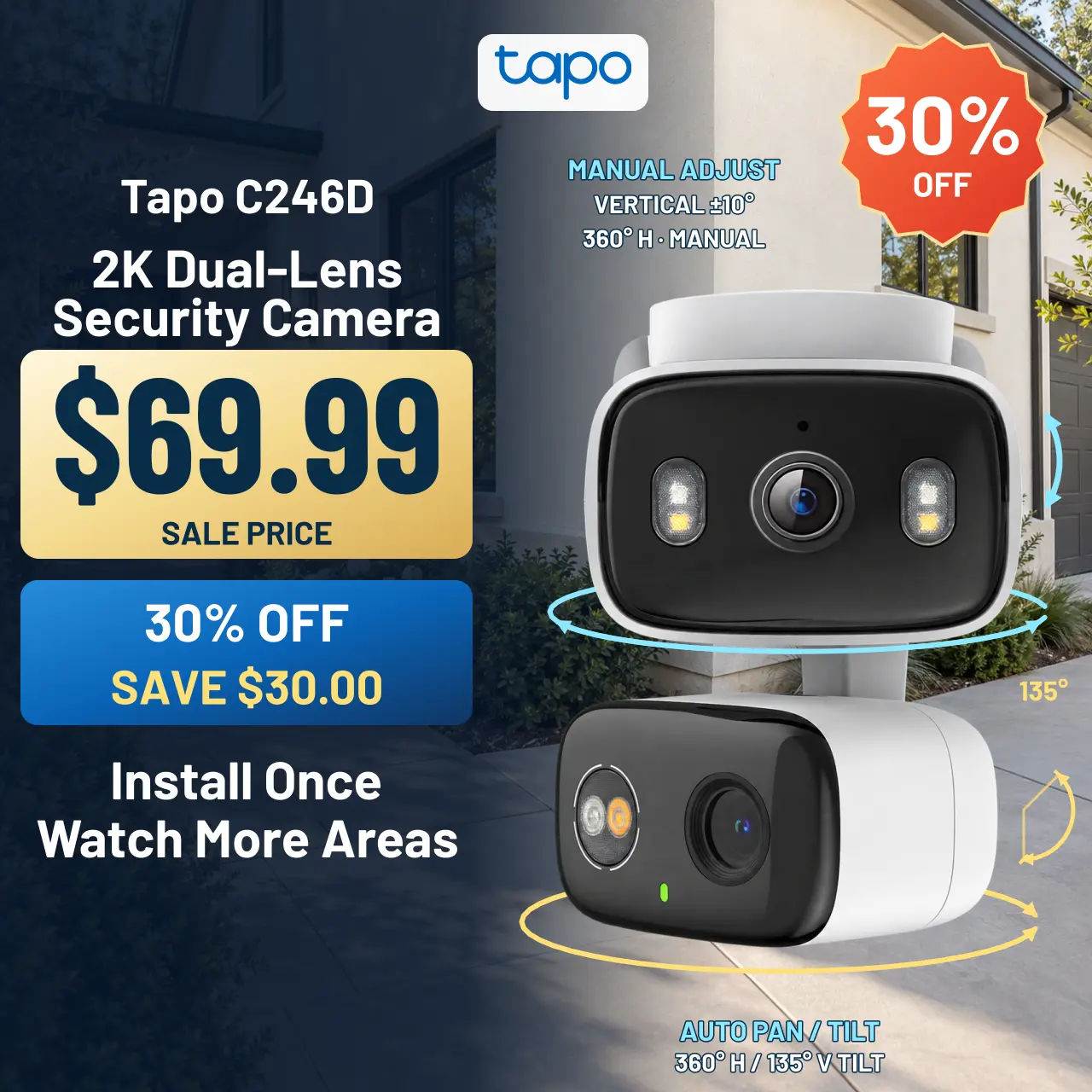 TP-Link & Tapo C246D HybridCam Duo 2K Dual Lens Pan/Tilt Indoor/Outdoor Security Camera with Wide Angle & Telephoto Lenses, Local & Cloud Storage, 360° Patrol, Custom Privacy Zones, Two-Way Audio, IP65 Weather Resistant  #SummerWins #DealsForYouDays