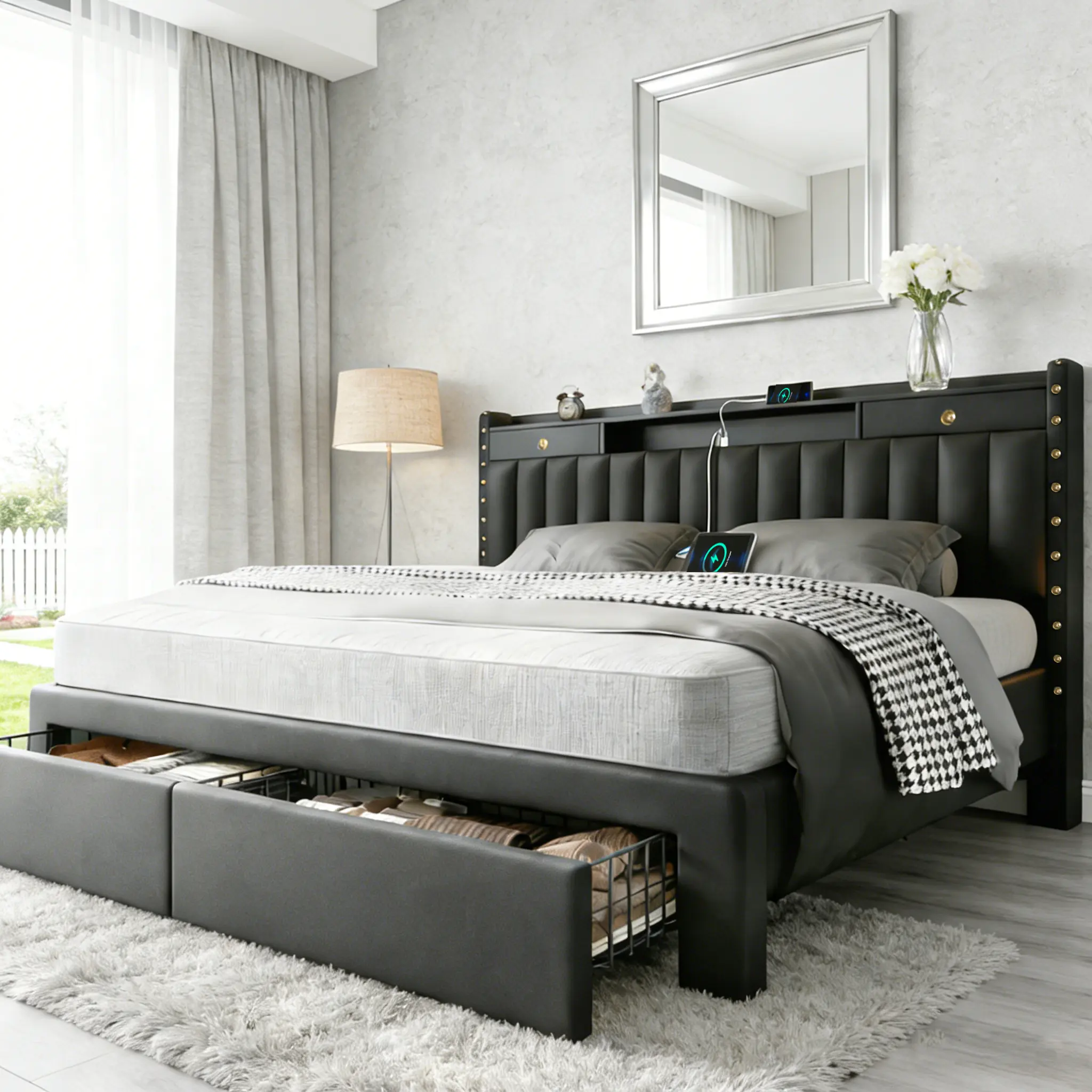TryLazy  Bed Frame with 4 Storage Drawers No MATTRESS  Wood Slats Holds 900lbs No Noise No Box Spring Needed  White Rivet Design USB Socketbed base,bed with charging, queen size velvet,bed frames,bed frame for queen, queen bed,metal bed frame summerg
