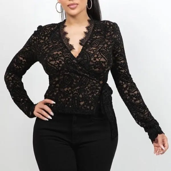 Olivia003-SHEER LACE V-NECK WAIST WRAP BLOUSE 95% POLYESTER / 5% SPANDEX