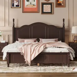 Queen Size Wood Platform Bed Frame,Retro Style Platform Bed with Wooden Slat Support,Dark Walnut Furniture Headboard