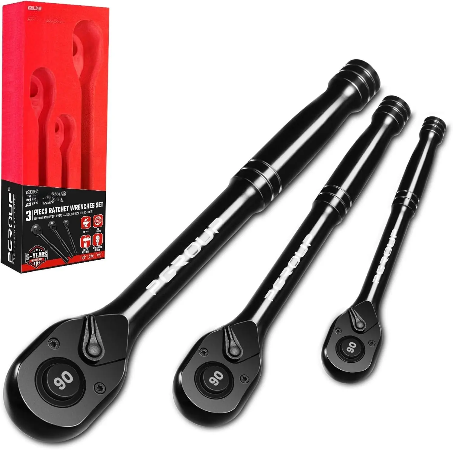 3- 90  Ratchet Wrench Set, 1/4, 3/8, 1/2 Drive Reversible Ratchets, 4- Swing,  Handle, Chrome Alloy Made, Quick Release Ratchet Wrenches for Repairing, , DIY
