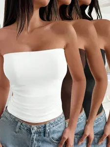 Women's Basic Solid Plain Tube Top Set, Casual Fitted Sleeveless Three-Piece Suit, All-Season Comfortable Strapless Design, Daily Wear Essentials Womenswear