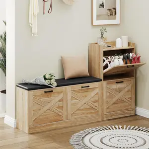 Farmhouse Shoe Cabinet with Bench and 4 Flip Drawers, Shoe Storage Cabinet with Bench and Comfort Cushion, Entryway Shoe Organizer with Storage for Foyer, Hallway, Living Room- Natural