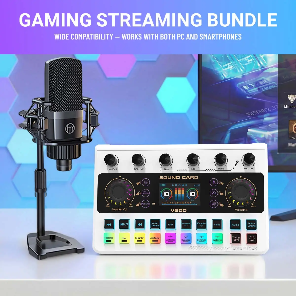 ZealSound Podcast Equipment Bundle - Content Creators' Kit with Condenser Microphone, Rechargeable Touchscreen RGB Voice Changer Audio Interface, Gaming Mixer for Smartphone, iPhone, Mac, PC, Ideal for Recording, Streaming