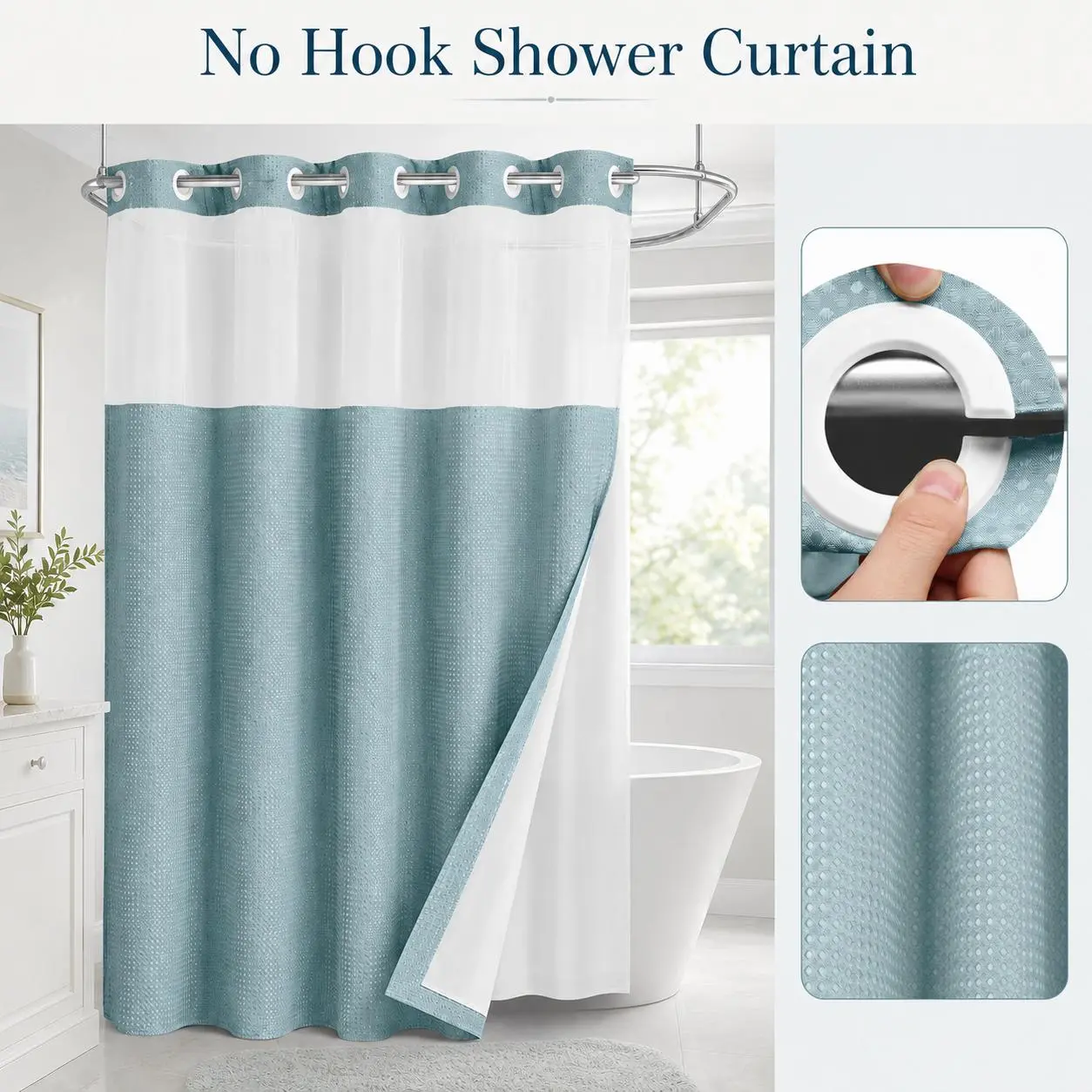 Cyan Hookless Shower Curtain, No Hook Waffle Textured Fabric Shower Curtain for Bathroom, Water Repellent, Easy Install, Modern Hotel Style, 72x75 Inch