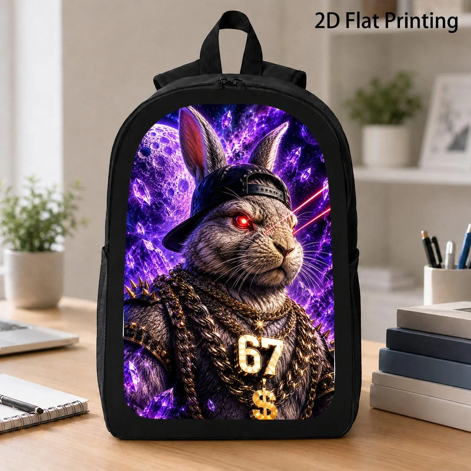 17 Inch Crystal Space Gangster Rabbit Hip Hop Cap Gold Spiked Chains Number 67 Red Laser Eyes Moon Galaxy Viral Forest Animal Casual Travel Laptop Backpack Bag with Urban Street Style