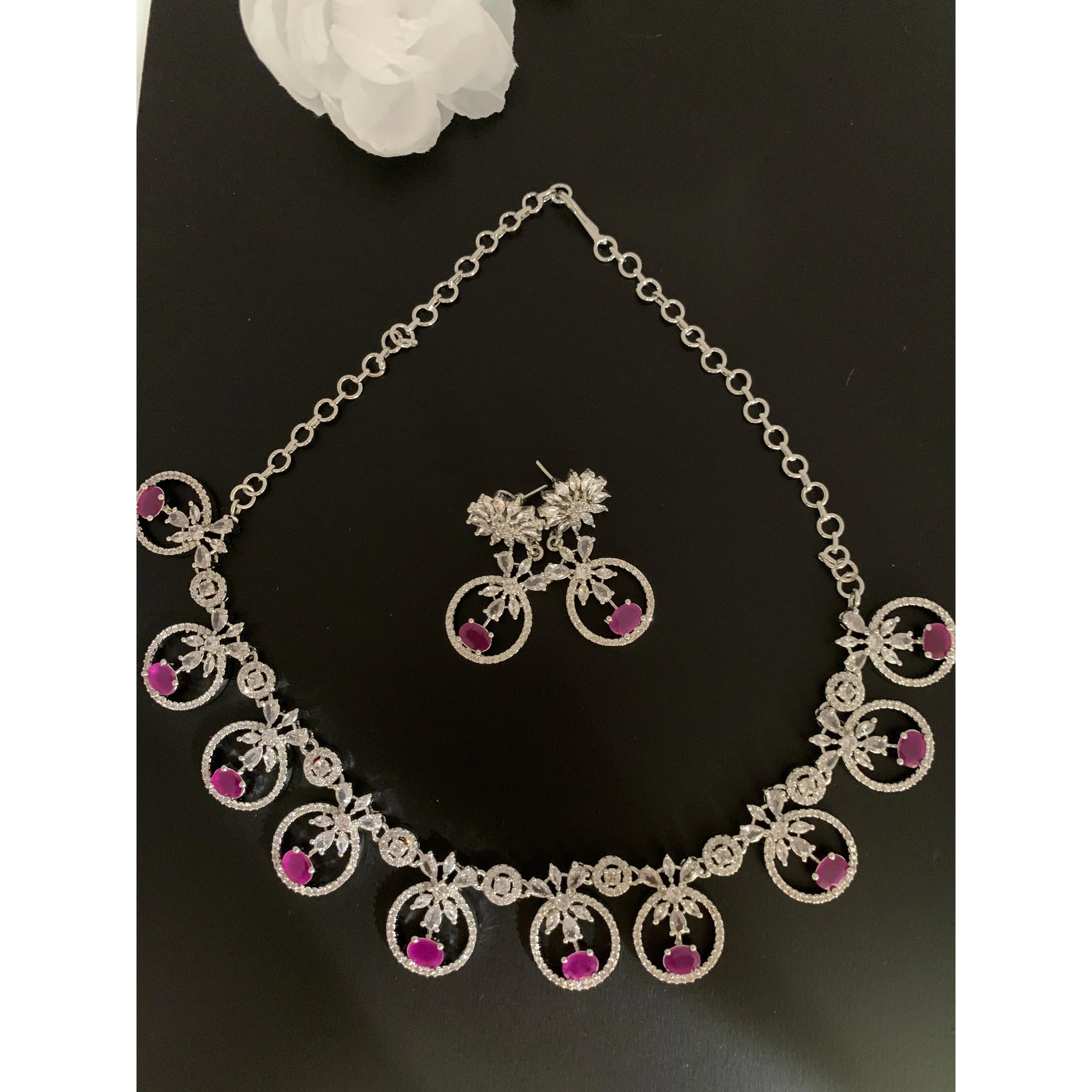 Pink Stone American Diamond Floral pattern Short Necklace in Silver Polish