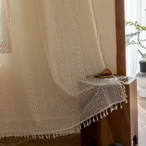 1 piece of Bohemian-style hollow-out warp-knitted yarn with rod installation, fringed tassel, and translucent window treatment - suitable for bay windows, living rooms, bedrooms, and offices - the hollow-out warp-knitted yarn design