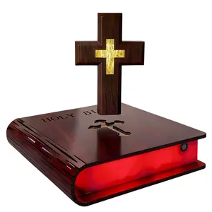 MAGECMOON Magnetic Levitation Wood Grain Laser Cross Bible Verse LED Light Floating Jesus Holy Spirit Decoration Religious Ornaments Valentine's Day Holiday Adult Children Gift Wooden