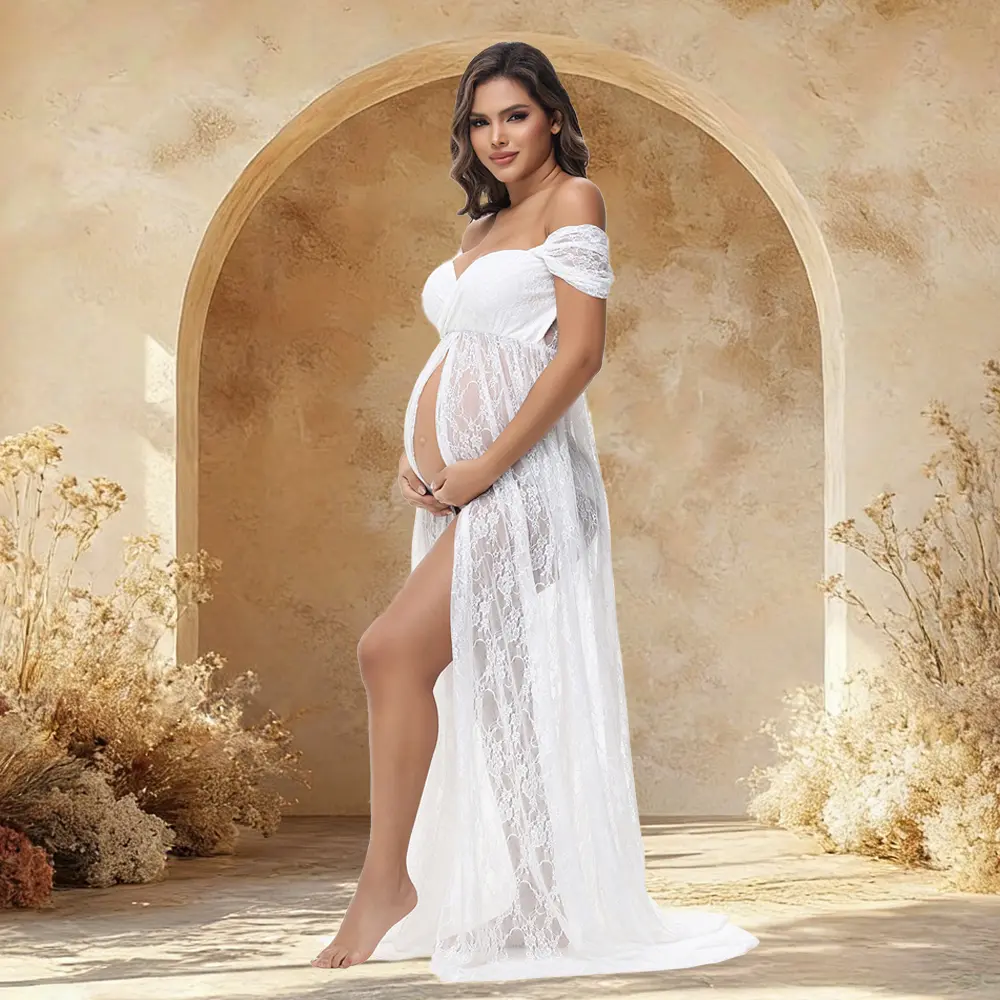 Women's Maternity Sexy Off-Shoulder Lace Slit Maxi Dress For Photoshoot Pregnancy Dresses for Photography