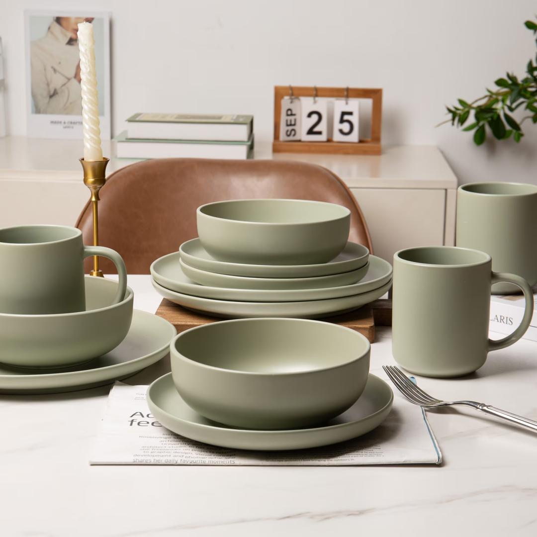 12-Piece Stoneware Dinnerware Sets With Mugs  Microwave & Dishwasher Safe  Non-Toxic Dinner Plates Bowls Set   Stackable Matte Glaze Kitchenware For 3