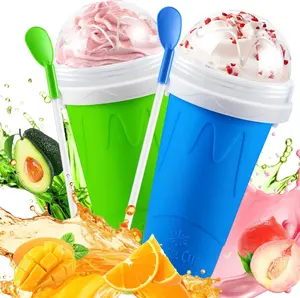 2-Pack Silicone-Safe Reusable Silicone Slushie Cups, Quick Freeze Magic Squeeze Maker with Lid, Spoon & Straw, DIY Fun Cooling Kitchen Utensil for Ice Cream, Juice (Blue & Green) for Kids