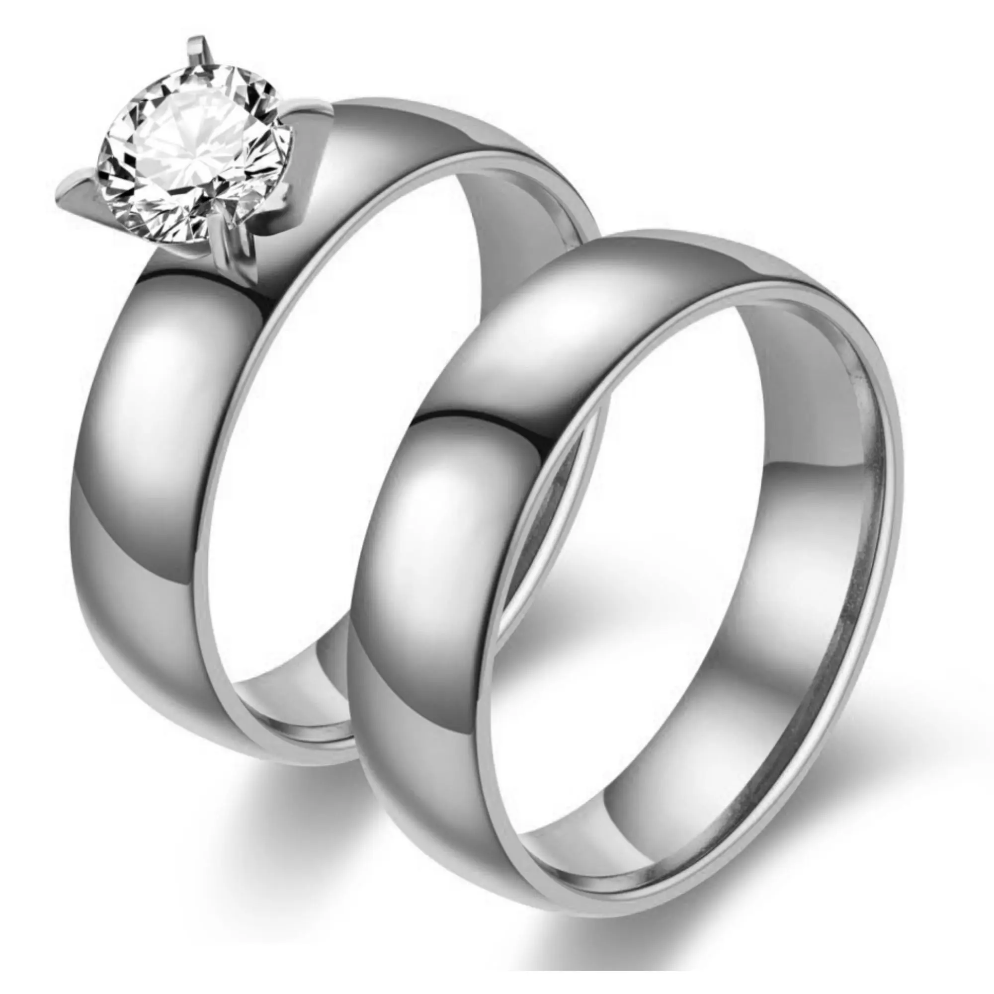 Kindall Wedding Ring Set for Women by Ginger Lyne | Wide Band Stainless Steel Gold Solitaire 1 Ct Wedding Ring with Matching Band 6mm Width| Promise or Bridal Set for Wife or Girlfriend