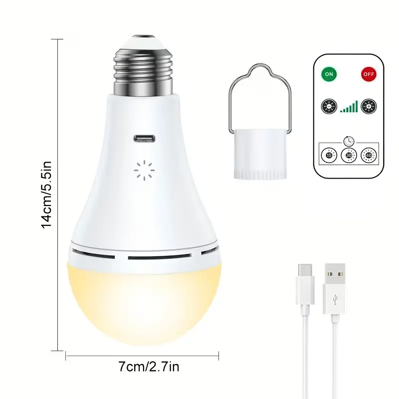 E27 USB Rechargeable Dimmable Bulbs - 9W, 3 Color Changing, 2000mAh Batteries, 6V, Remote Timer, Touch Control, Hook Design, Wireless Emergency Battery-Powered Outlet Light, Led Upgrade