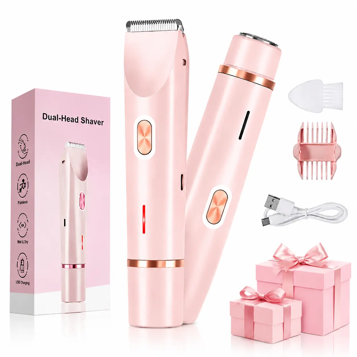 Bikini Trimmer For Women, Electric Shaver And Razor Rechargeable 2-In-1 Body And Facial Epilator, Dual Heads For Painless Trimming Of Pubic Hair, Face, Underarms And Legs, Summer Gift,Dorm Essentials